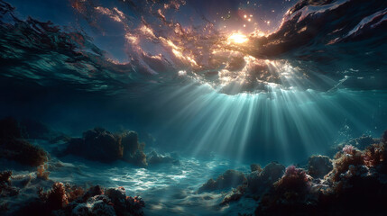 Fototapeta premium Illuminated blue ocean floor underwater sunlight and marine life in a serene aesthetic scene