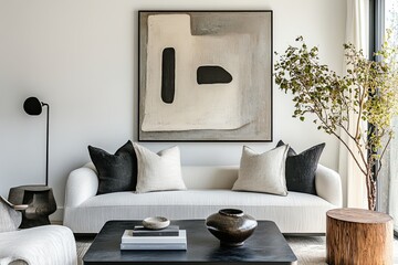 Graphic print in black frame with clean styling and organic-shaped objects