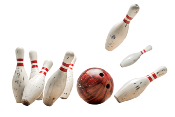bowling ball hits bowling pins isolated on white background. PNG.AI GENERATED