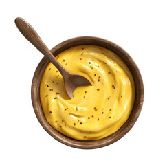Creamy Yellow Sauce in Wooden Bowl with Wooden Spoon