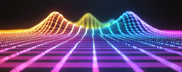 Abstract rainbow grid landscape with glowing lines and points