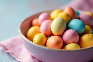 Colorful Easter egg candies in a bowl, close-up shot , easter celebration, sugary, chocolate eggs