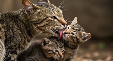 Obraz premium Affectionate tabby cat tenderly licking her kittens.