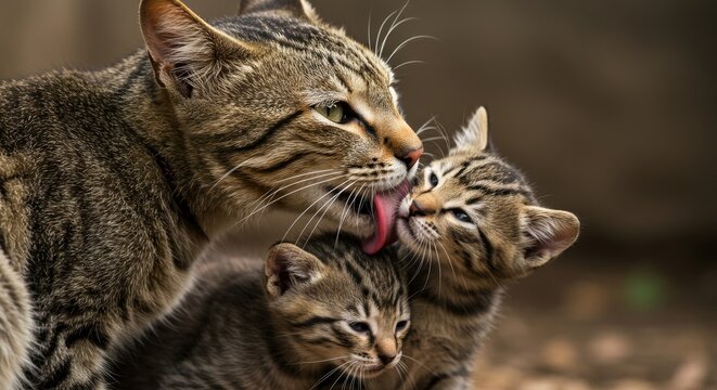 Affectionate tabby cat tenderly licking her kittens.