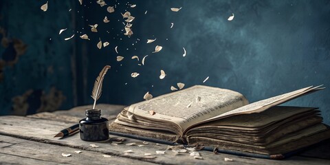 Antique Book, Quill Pen, Inkwell, and Falling Petals A Still Life of Literary Inspiration
