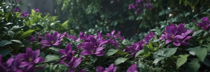 Obraz premium Close-up vibrant purple petals, lush green leaves, leaves, petals