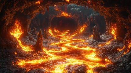 A fiery river of molten lava flows through a dark and rugged volcanic cave, illuminating the jagged rocks and creating a dramatic and dangerous landscape scene.