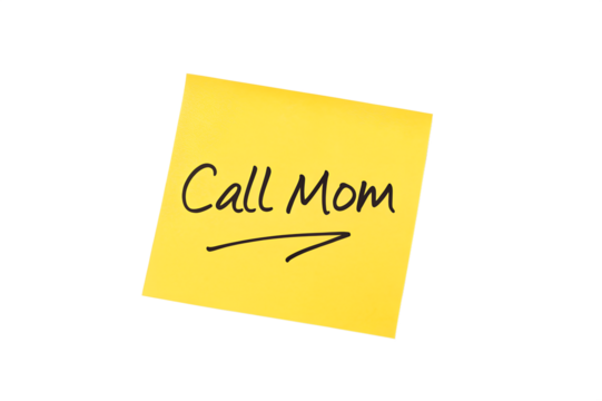 Memory loss. A sticky note on a blue wall reads "Call Mom," reminding someone to stay connected with family.
