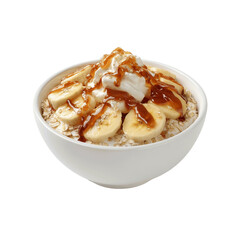 Delicious Oatmeal with Banana, Caramel, and Whipped Cream in a White Bowl - Green Screen