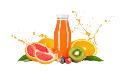 bottle of fresh fruit juice with splash effect on white background png