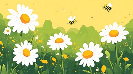 Sunny Meadow with Daisies, and Bees.