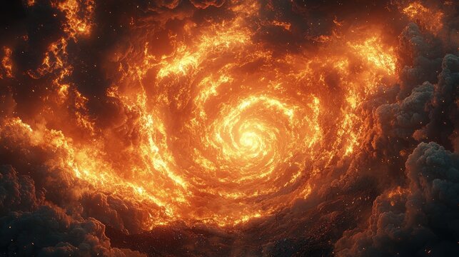 An awe inspi vortex of intense orange and yellow flames swirls amidst dark clouds, creating a dramatic and fiery spectacle in the vast expanse of space.