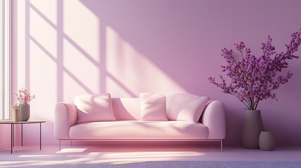 Pink living room with sunlight, and flowers.