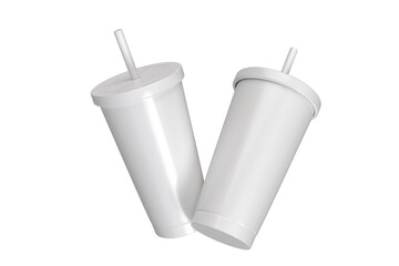 3D Stainless steel tumbler mockup with straw. Blank Insulated container aluminium mug isolated on background. Template for sublimation mockup design, branding product label, thermos glass, travel cup