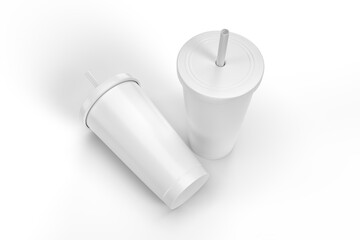 3D Stainless steel tumbler mockup with straw. Blank Insulated container aluminium mug isolated on background. Template for sublimation mockup design, branding product label, thermos glass, travel cup