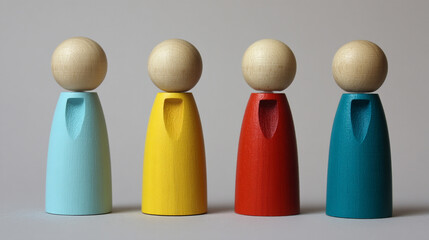 Four Colorful Wooden Peg Dolls in a Row