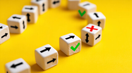 Decision Making Process with Arrows and Checkmarks on Cubes