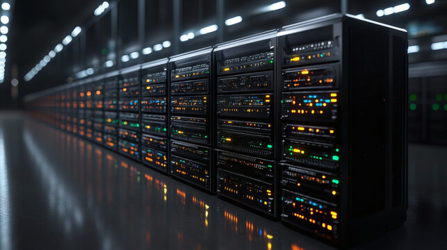 Server racks in data center network infrastructure and technology - Powered by Adobe