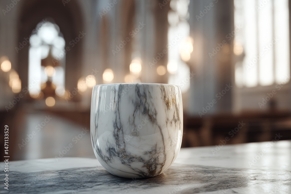 Poster Elegant marble vessel resting on a smooth surface within a cathedral.