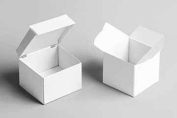 Two open white boxes on a gray surface
