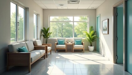 Fototapeta premium Friendly, clean doctor's office waiting area with comfortable seating and natural light , design, healthcare facility, recovery