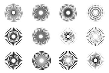 Sunburst icon. Vintage sunburst Fireworks design isolated. Retro Sunburst icon set. Vector illustration. Monochrome fireworks vector illustration material. Radial Sunburst element. 