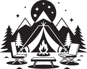 Fototapeta premium Camping in the Mountains: A classic illustration of a tent pitched in a tranquil mountain setting, surrounded by majestic peaks and towering evergreen trees. 
