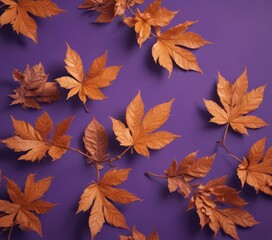 Intricate dry orange leaves, violet backdrop, textured design, autumn, violet