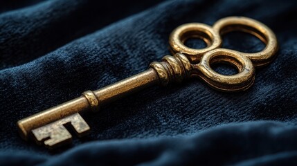Antique brass key on dark fabric