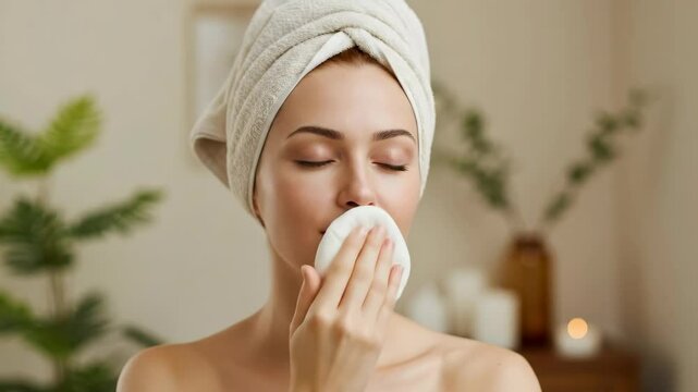 Woman removing makeup with cotton pad, with sponge. Face skin care and beauty routine. Spa treatment for rejuvenation and wellness, personal hygiene concept