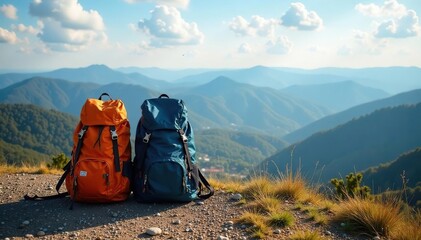 Two backpacks leaning against a scenic overlook, overlooking a vast landscape , horizon, breathtaking