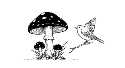 Sketch of Mushrooms and Bird on Branch Ready to Fly