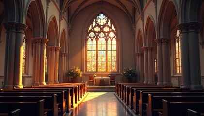 Fototapeta premium Serene church interior, stained glass window, soft light, peaceful atmosphere , belief, spirituality
