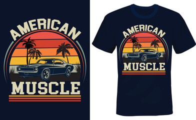"Retro American Muscle Car with Sunset and Palm Trees – T-Shirt Design"


