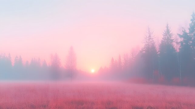 Pink Sunrise Over Foggy Field with Trees - Powered by Adobe