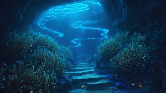 Mystical underwater scene glowing blue patterns and marine environment