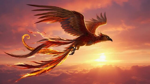 Mythical phoenix in flight against sunset sky depicting fire and freedom