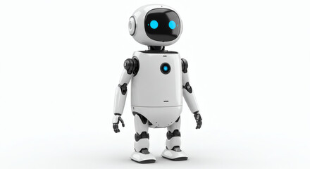 Fototapeta premium Friendly White Robot with Bright Blue Eyes Posing Frontally