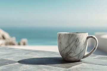 Relaxing ocean view with a decorative coffee cup.