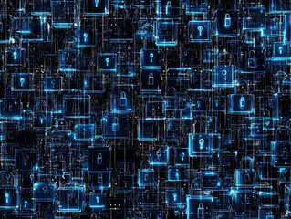 cybersecurity background with closed digital padlocks and encrypted data blocks, black and neon blue tech grid 