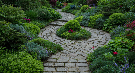 Obraz premium Tranquil stone path winding through a lush and verdant garden space