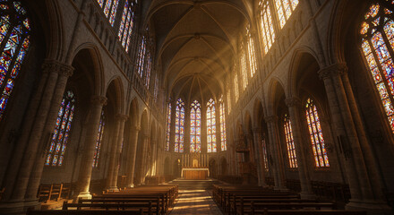 Fototapeta premium Interior of gothic cathedral with stained glass windows and sunbeams