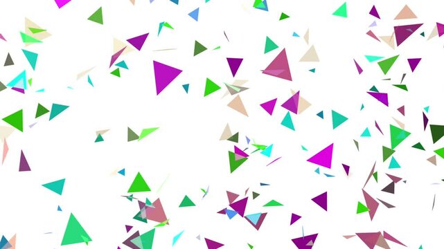 Konfetti Bunter Regen vor wei&szlig;em Hintergrund Animation Dreiecke bilden ein lebhaftes Muster vor einem wei&szlig;en Hintergrund, perfekt f&uuml;r geometrische Designs, abstrakte Konzepte und k&uuml;nstlerische Hinterg