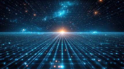 glowing digital grid landscape stretching into horizon, deep perspective, Tron-inspired sci-fi style 