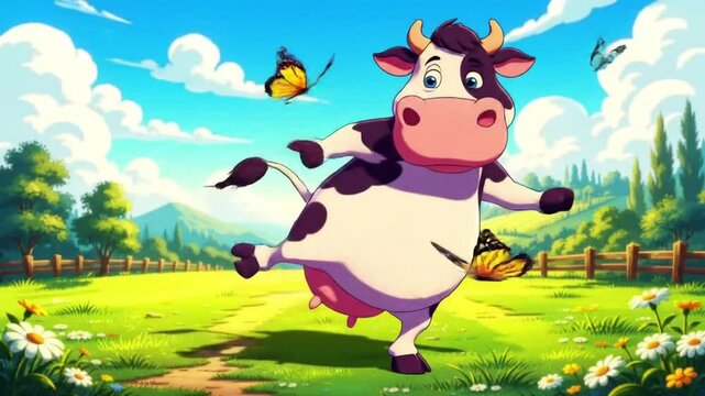 A cow in cartoon style doing yoga poses in the middle of a peaceful pasture