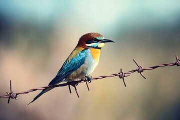 Fototapeta premium Bee-Eating Bird Gracefully Perched on Barbed Wire Against a Soft Blurred Background