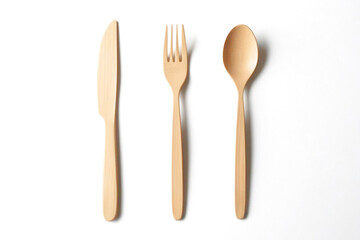 Wooden Spoon, Fork and Knife – Reusable, Sustainable Tableware on White Background