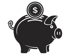 Black piggy bank silhouette design with dollar coin symbol for financial savings concept