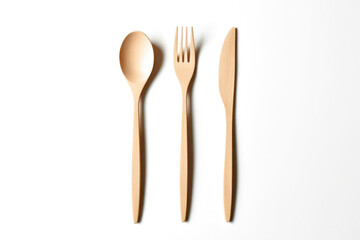 Wooden Spoon, Fork and Knife – Reusable, Sustainable Tableware on White Background