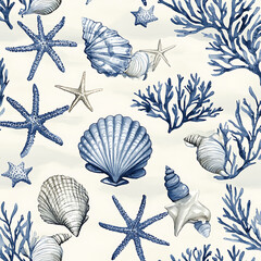 Hand-painted seamless marine pattern with starfish, sea coral, and seashells in blue watercolor on a white background


